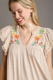 Jet Stream Linen Embroidered Notch Neck Pom Pom Ruffle Sleeve Mini Dress