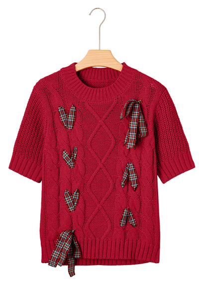 Plaid Lace-Up Puff Short Sleeve Sweater- 2 Colors
