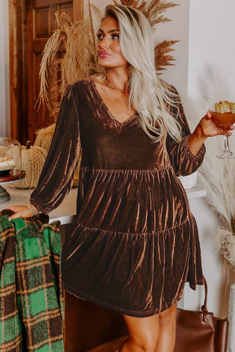 Chicory Coffee Velvet V-Neck Long Sleeve Tiered Mini Dress