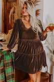 Chicory Coffee Velvet V-Neck Long Sleeve Tiered Mini Dress