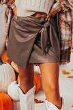Brown Bowknot Faux Leather Mini Skirt B