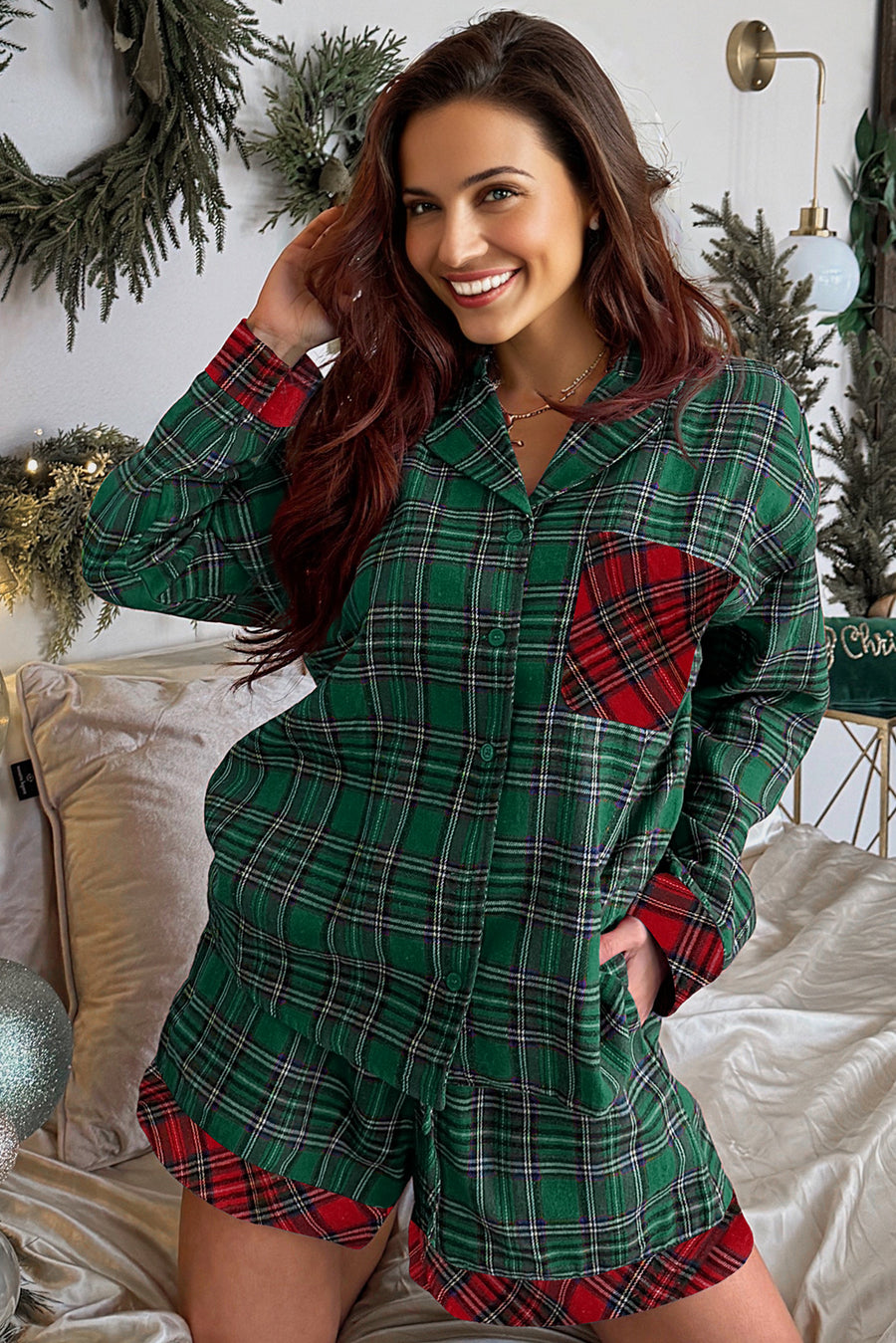 Red Plaid Contrast Color Long Sleeve Pajama Set- 3 Options