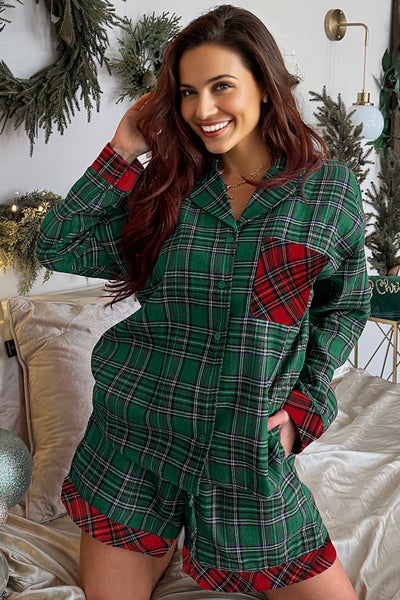 Red Plaid Contrast Color Christmas Holiday Long Sleeve Shirt and Shorts Pajama Set