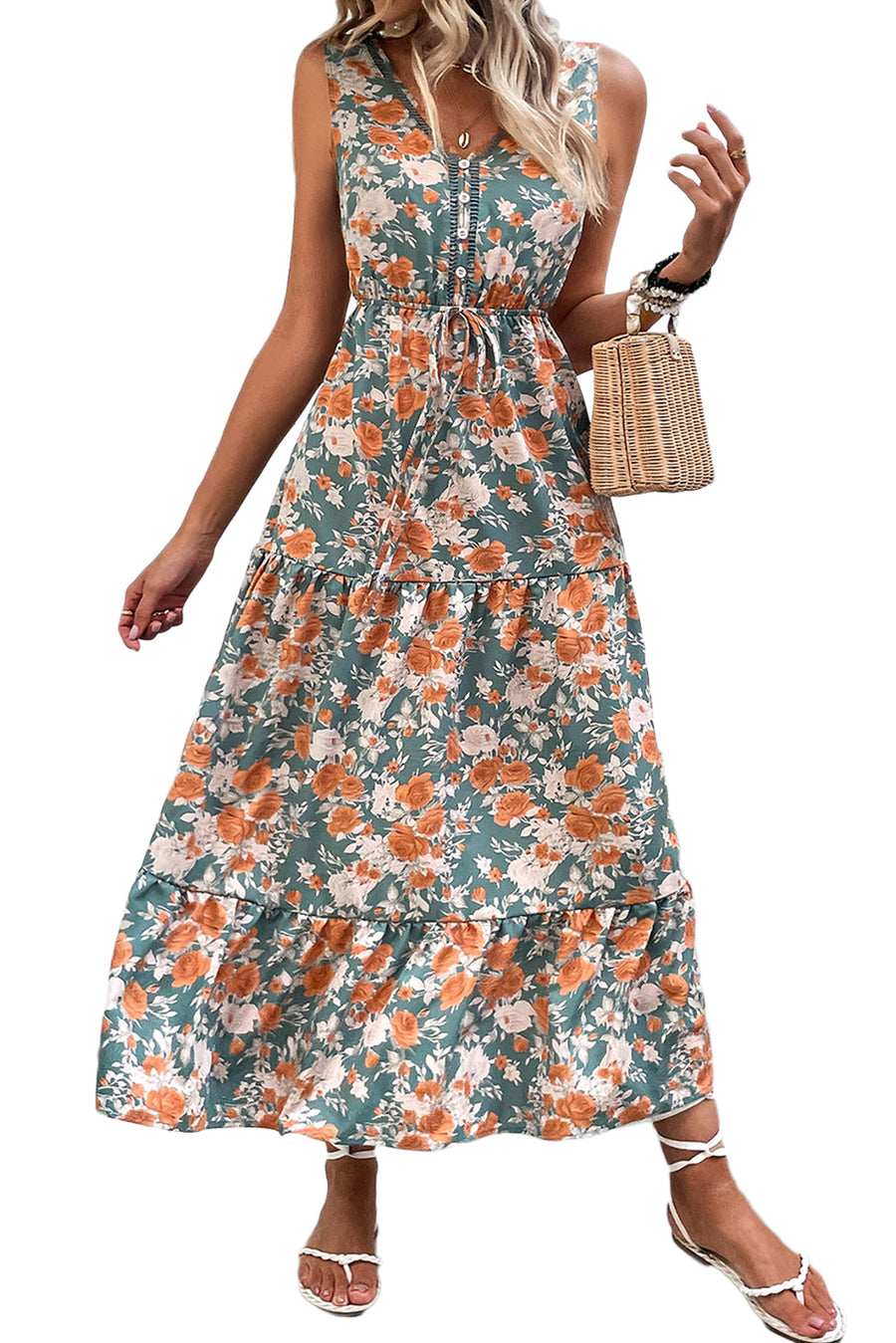 Green and Orange Floral Print V-Neck Sleeveless Midi Dress
