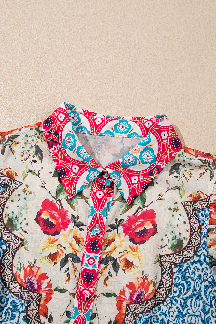 Multicolored Bohemian Floral Collared Ruffle Sleeve Button-Up Mini Dress