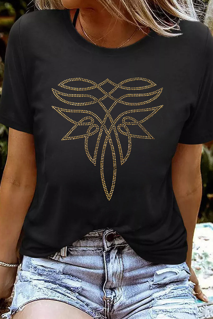 Black  Boot Stitch Pattern Rhinestone Transfer Cotton Blend Tee