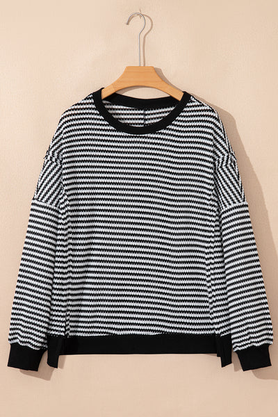 Striped Ribbed Exposed Seam Long Sleeve Oversized Top- 3 Colors