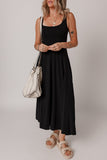 Black Sleeveless Scoop Neck Flared Front Slit Midi Dress