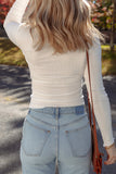 White Exposed Seam Ribbed Knit Slim Fit Long Sleeve Top