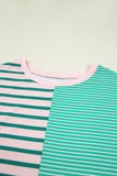 Plus Size Green & Pink Striped Color Block Patchwork Side Slit Sweatshirt