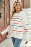 Multicolored Striped Ribbed Trim Crew Neck Sweater- 2 Colors