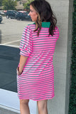 Plus Size Bright Pink and Green Stripe Collared Puff Sleeve Mini Dress with Pockets