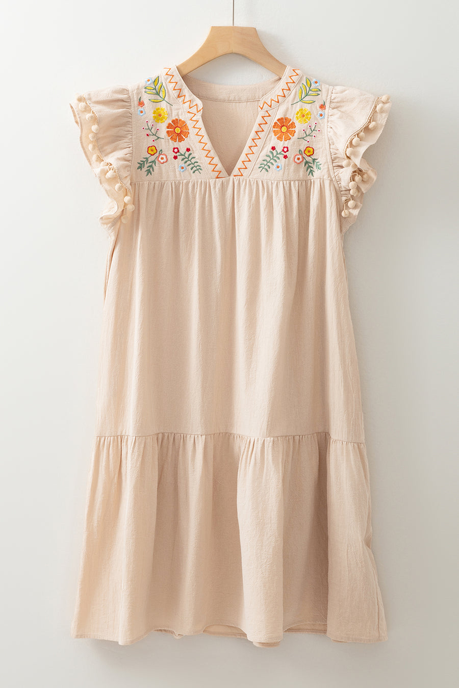 Jet Stream Linen Embroidered Notch Neck Pom Pom Ruffle Sleeve Mini Dress