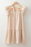 Jet Stream Linen Embroidered Notch Neck Pom Pom Ruffle Sleeve Mini Dress