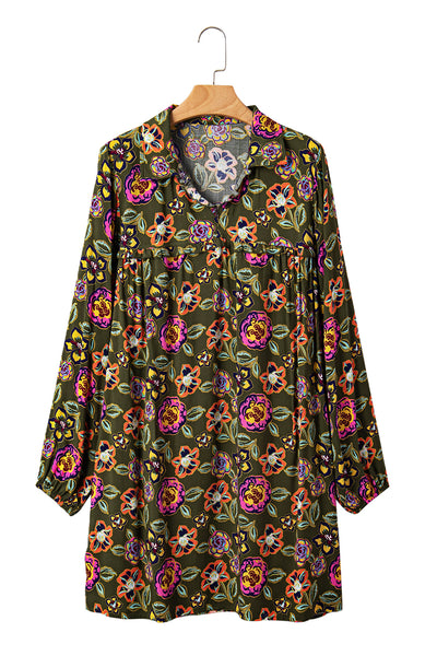 Green Floral Print Split Neck Bubble Sleeve Mini Dress