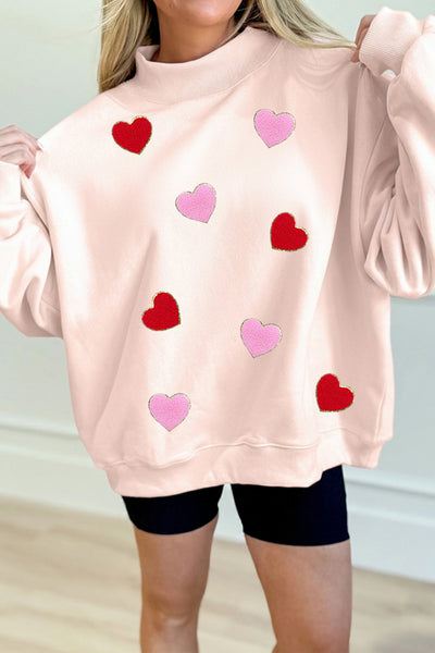 Apricot Pink Glitter Heart Patched Mock Neck Sweatshirt