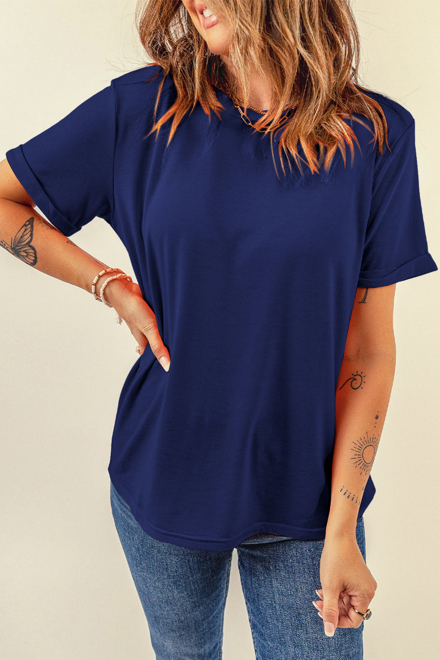 Basic Crew Neck Rolled Sleeve T-Shirt- 12 Colors