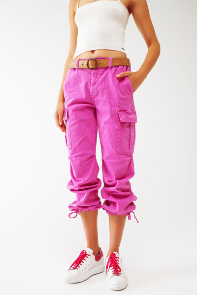 Fuchsia Cargo Pants With Tie Cuffs