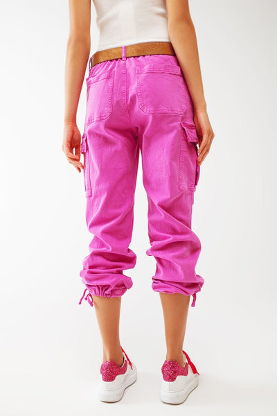 Fuchsia Cargo Pants With Tie Cuffs