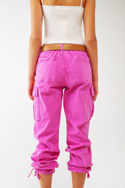 Fuchsia Cargo Pants With Tie Cuffs