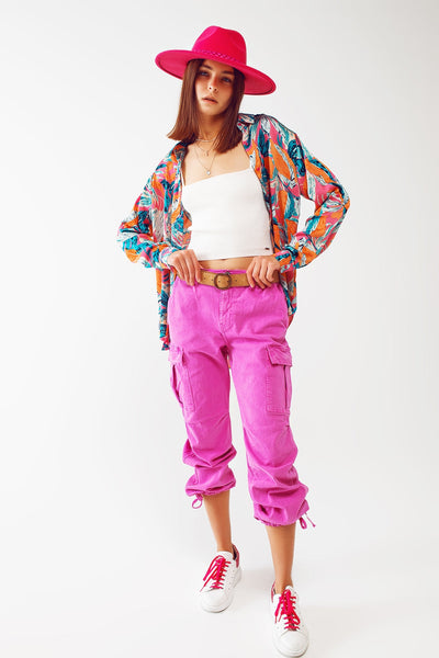 Fuchsia Cargo Pants With Tie Cuffs