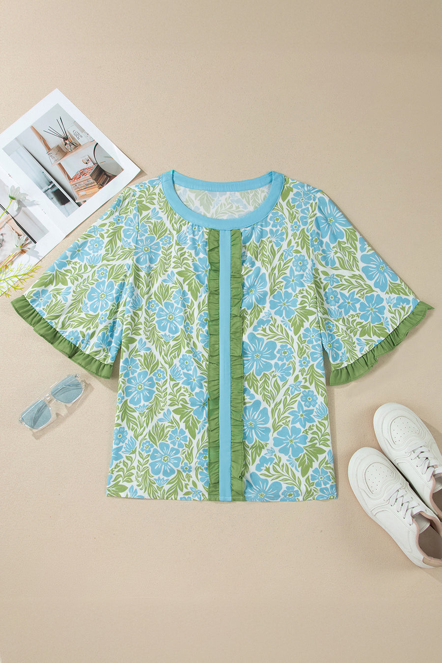 Rose Floral Print Ruffled Color Block Trim Half Sleeve Blouse
