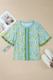 Rose Floral Print Ruffled Color Block Trim Half Sleeve Blouse
