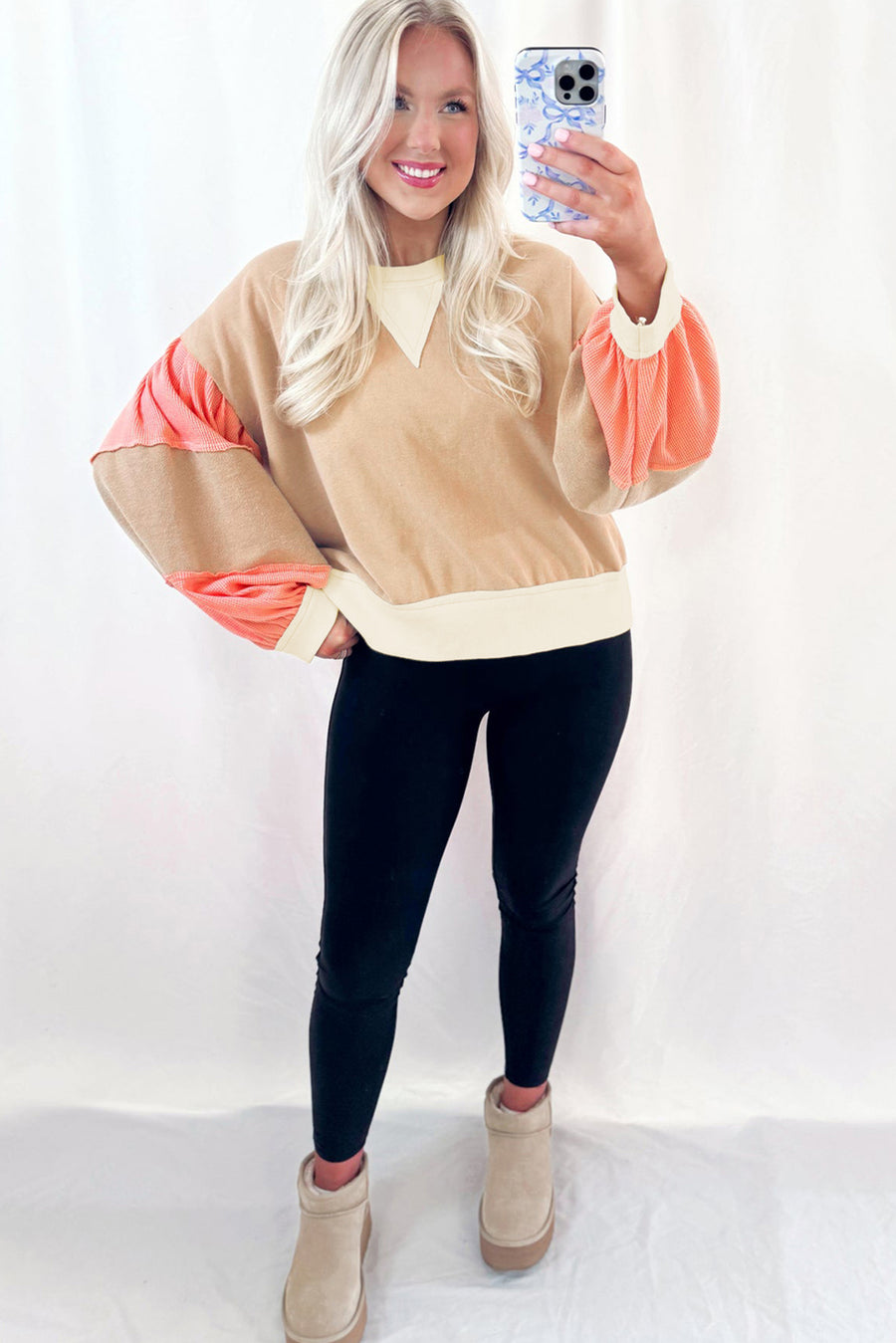 Beige Multi Waffle Knit Patchwork Color Block Pullover Sweatshirt