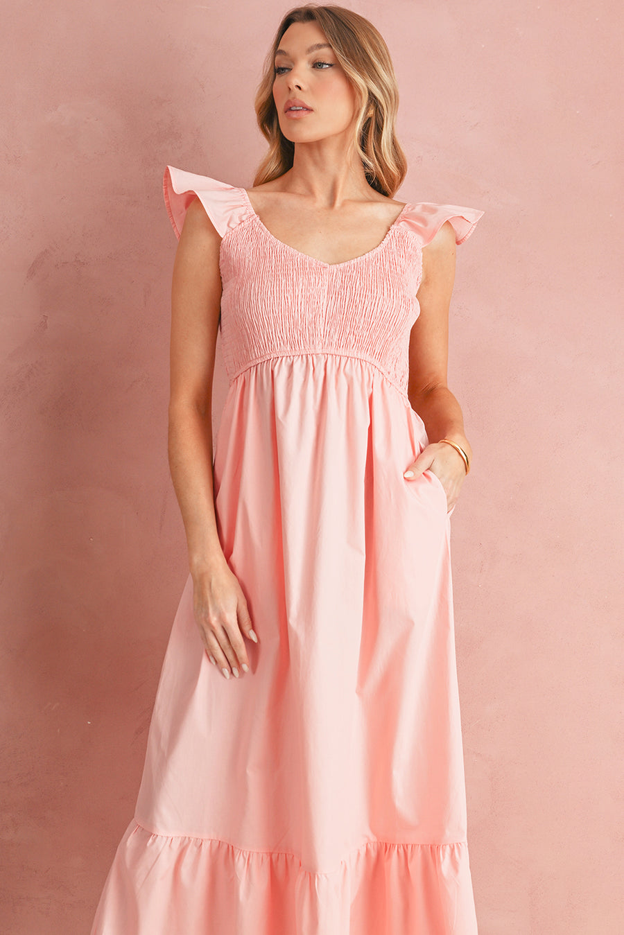 V-Neck Flutter Sleeve Smocked Bodice High Waist Ruffle Maxi Dress with Pockets- 2 Colors