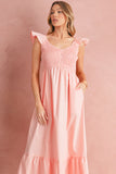 V-Neck Flutter Sleeve Smocked Bodice High Waist Ruffle Maxi Dress with Pockets- 2 Colors