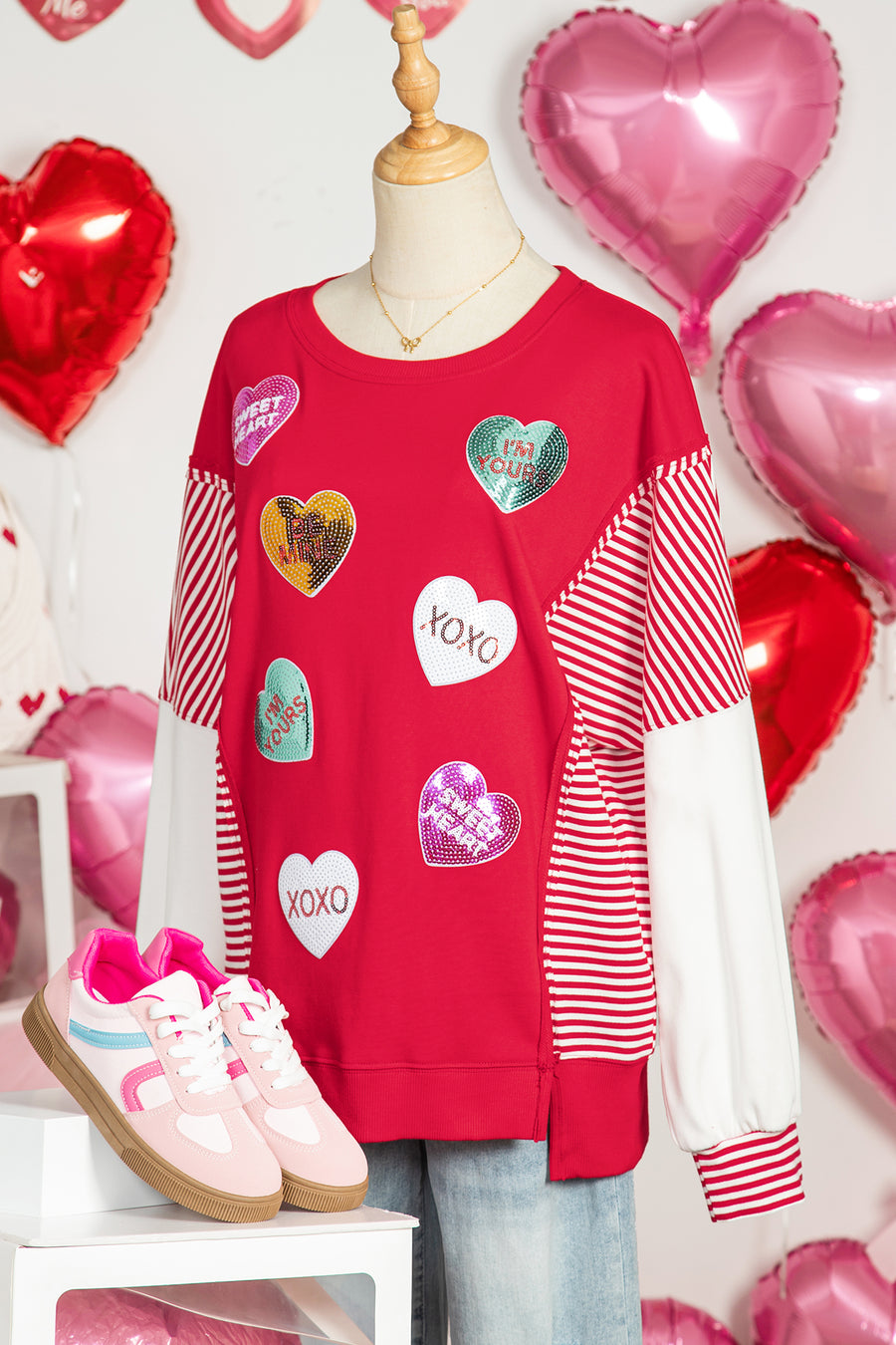Red Sequin Hearts Striped Color Block Patchwork Drop Shoulder Crew Neck Sweatshirt 2