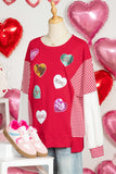 Red Sequin Hearts Striped Color Block Patchwork Drop Shoulder Crew Neck Sweatshirt 2