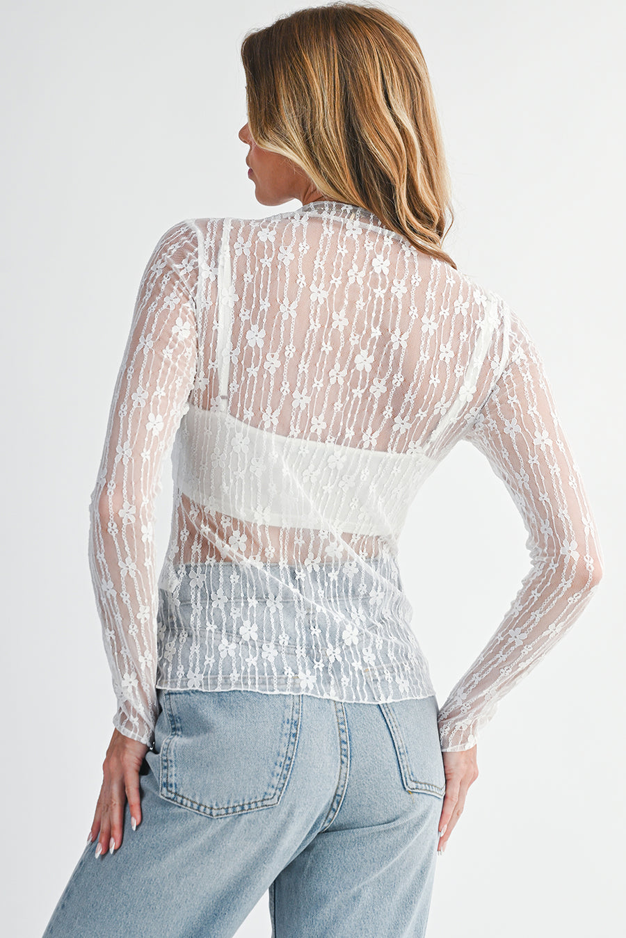 Floral Lace Sheer Long Sleeve Slim Fit Top- 3 Colors