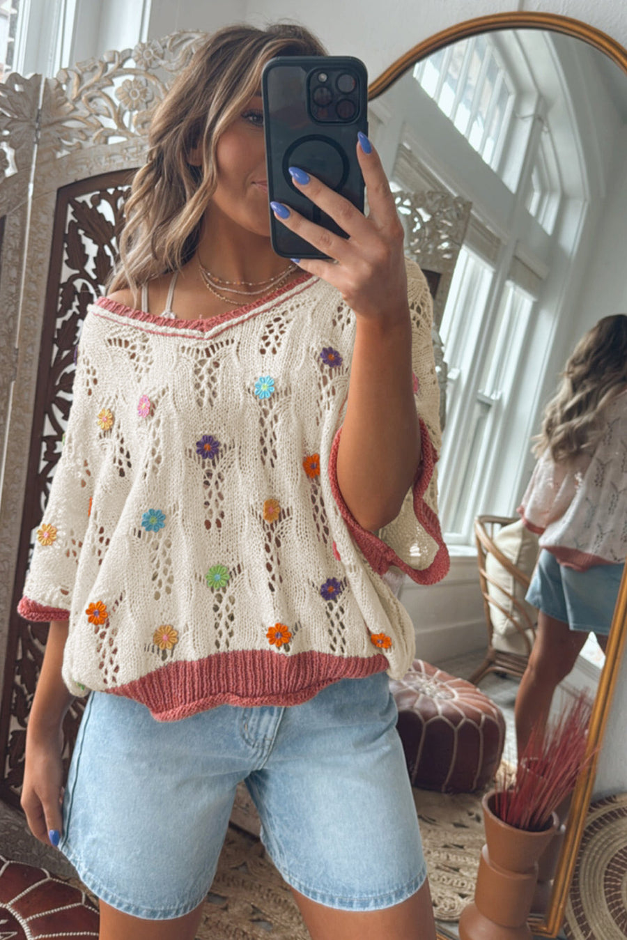 Ivory Floral Crochet Contrast Trim Knit Sweater