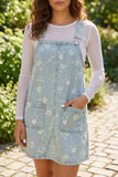 Sky Blue Retro Wash Denim Floral Print Overall Mini Dress