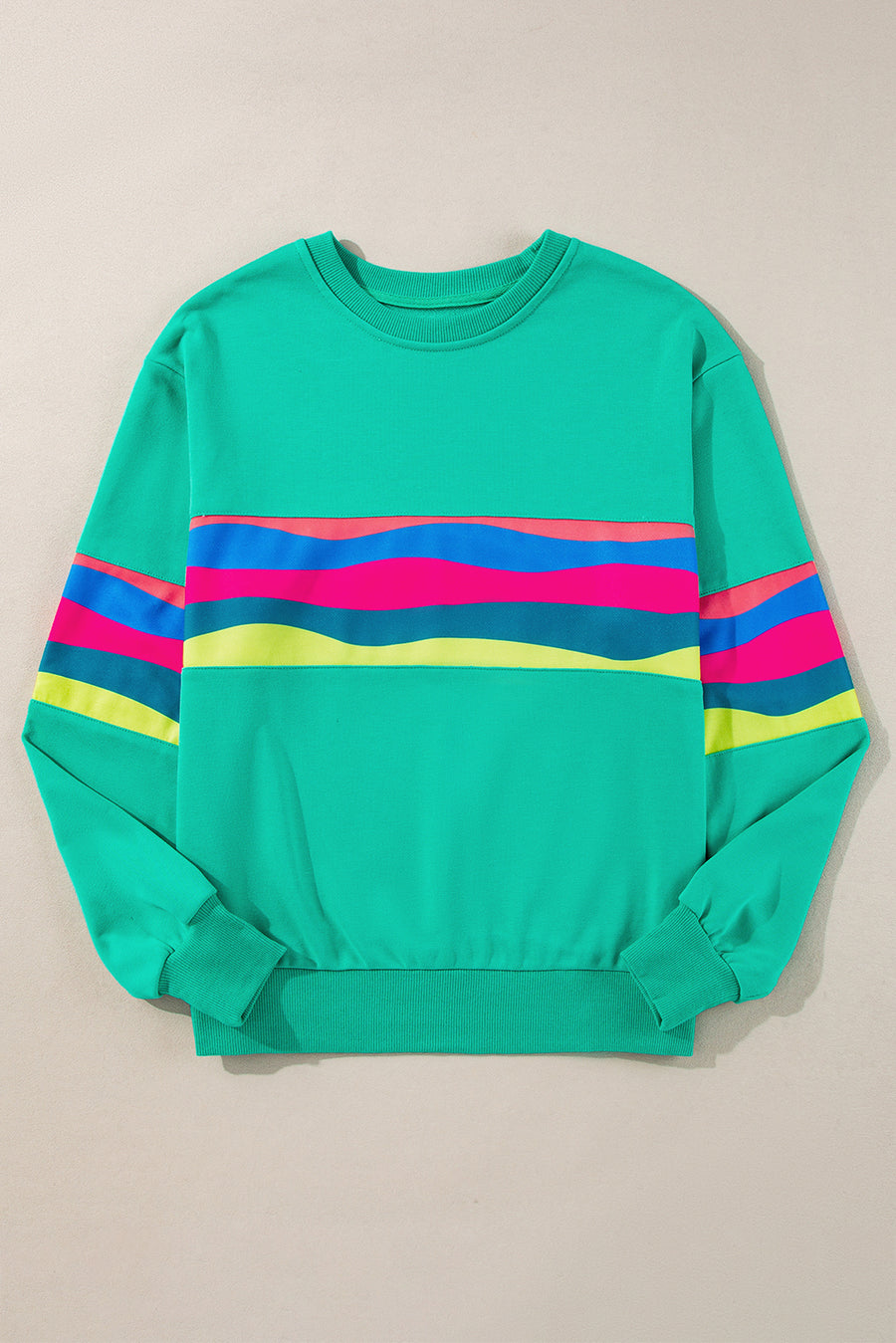 Green Multicolored Wavy Striped Crew Neck Long Sleeve Top- 2 Colors