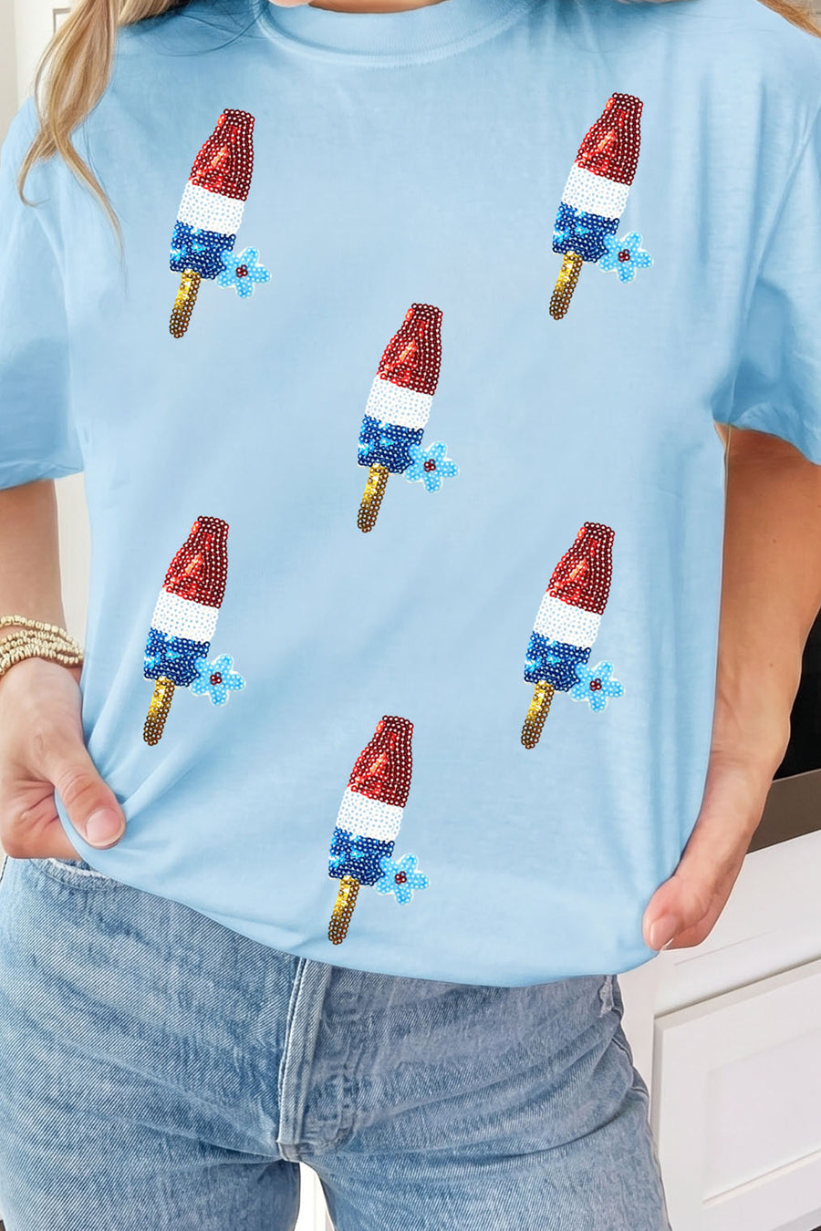 Light Blue American Sequin Popsicle and Flowers Graphic T-Shirt