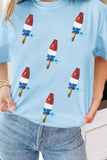 Light Blue American Sequin Popsicle and Flowers Graphic T-Shirt