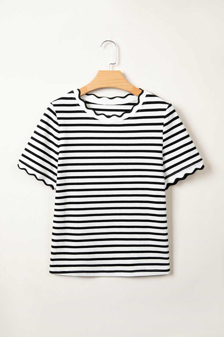 Striped Scalloped Trim Crew Neck Short Sleeve T-Shirt- 5 Colors