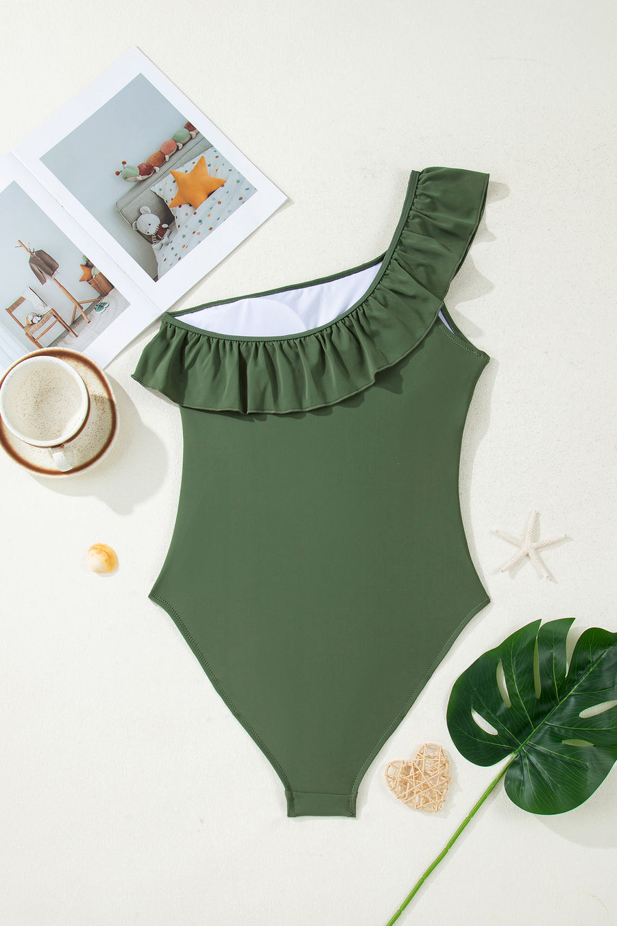 Solid Color Ruffle Trim One-Shoulder One-Piece Swimsuit- 3 Colors