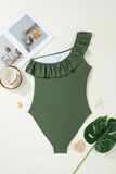 Solid Color Ruffle Trim One-Shoulder One-Piece Swimsuit- 3 Colors