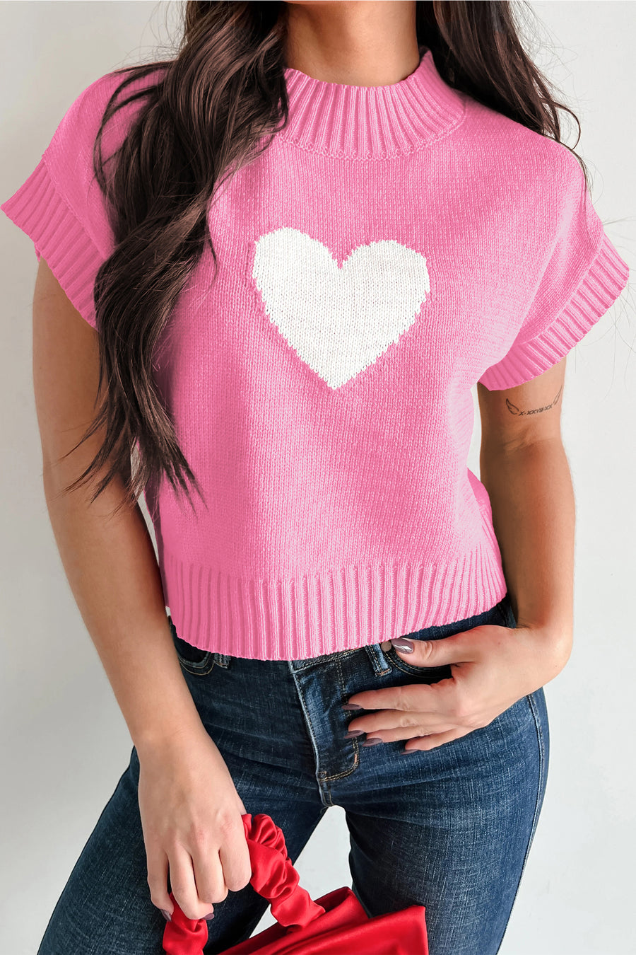 Heart Cropped Short Sleeve Mock Neck Sweater- 3 Colors
