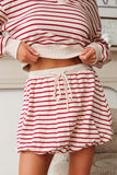 Red Stripe Cropped Collared Sweatshirt and Bubble Mini Skirt Set