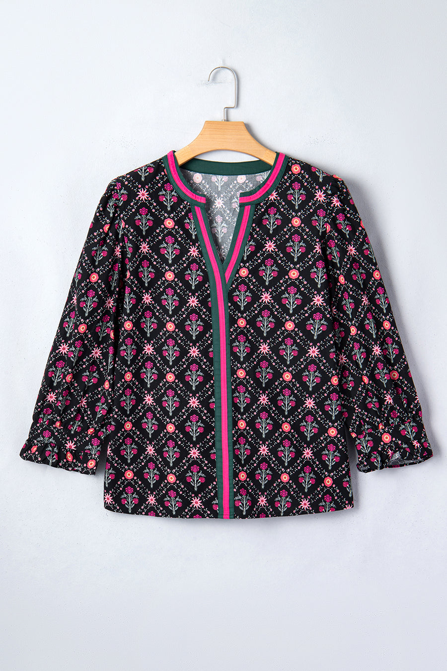 Black Floral Contrast Trim V-Neck Lantern Sleeve Blouse