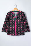 Black Floral Contrast Trim V-Neck Lantern Sleeve Blouse