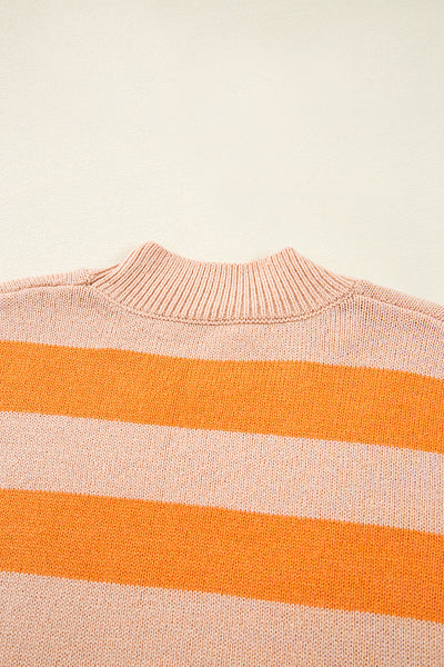 Orange Striped Colorblock High Neck Drop Shoulder Cozy Sweater