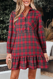 Red Plaid Shirt Collared Quarter Button-Up Ruffled Hem Long Sleeve Mini Dress