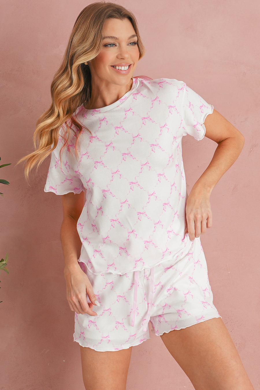 Pink Bow Print Lettuce Trim Short Sleeve Top and Shorts Pajama Set
