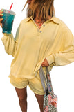 Butter Yellow Button-Up Collared Drop Shoulder Sweatshirt and Shorts Set
