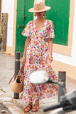 Multicolored Floral Short Sleeve V-Neck High Waist Maxi Dress